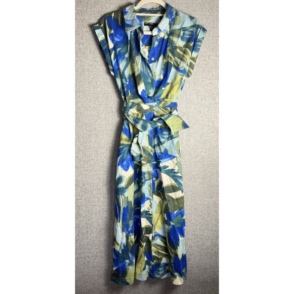 NWT Maggy London Green Blue Floral Botanical Linen Wrap Shirt Maxi Dress SMALL/4